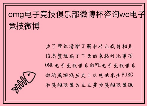 omg电子竞技俱乐部微博杯咨询we电子竞技微博